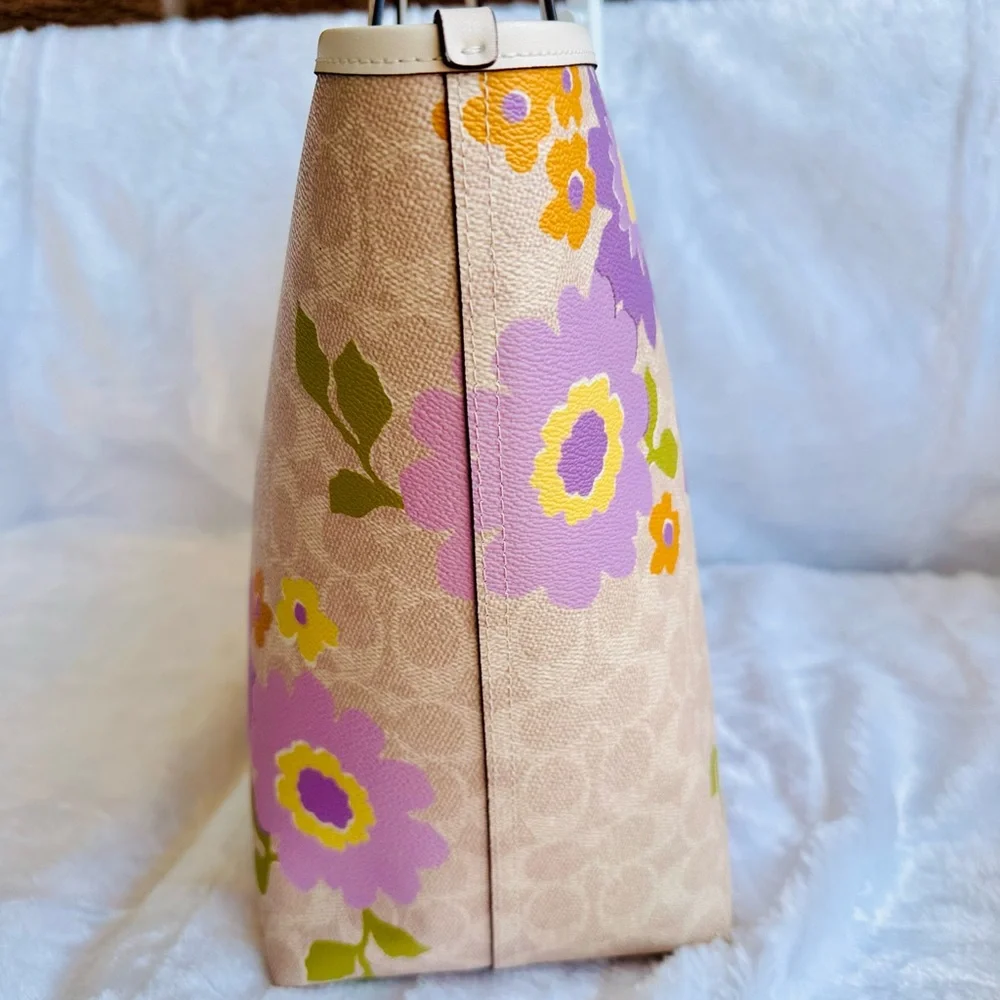 Coach Beige Floral Canvas Tote with Purple and Yellow Flowers - Picture 3 of 10